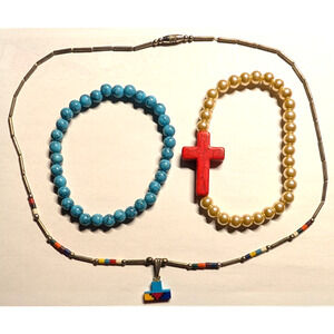 Youth Girls 3 Pc Necklace & Bracelet Set Silver Native Faux Turquoise Pearl Bead